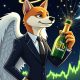 A handsome shiba inu wearing a suit, with angel wings, holding a bottle of champagne on a moonlit night